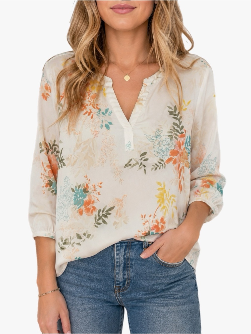 Christopher & Banks Petite LP Floral Blouse 3/4 Sleeve Spring Summer Multicolor